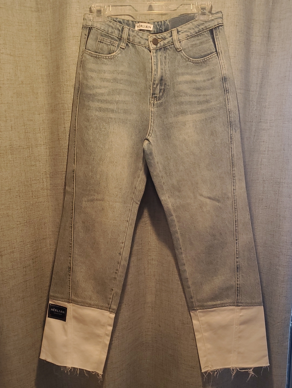High-Rise Light Wash Ankle Jeans with Cream Cuffs